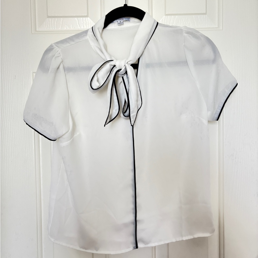 Sheet White Tie Neck Blouse with Black Trim
